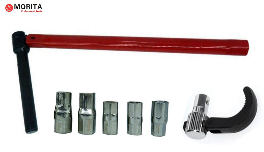 Chave de tubulação Chave de bacia 260 mm para nozes de bacia Cabeças alternativas 9,10, 11, 14 mm Capacidade de abertura 15 mm A 32 mm vermelho