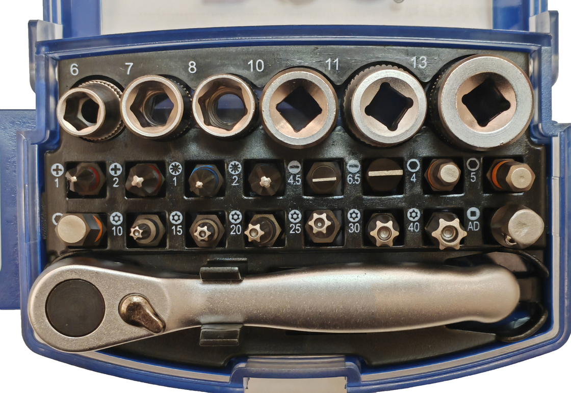 Conjunto de soquetes e bits Unidade de 1/4&quot; 25 peças de aço S2/CR-V com clipe de cinto giratório Mini chave de catraca em uma caixa de plástico resistente