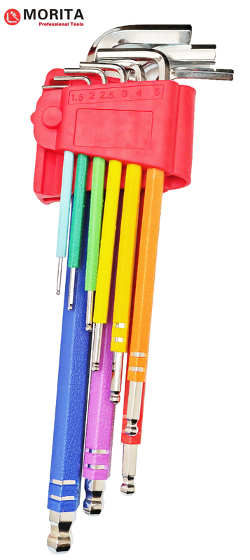 Configuração de chaveira e tomada Multicolor Ball End Allen Key Set 9 Pce CR-V Steel Diamond Shaped Tips Design