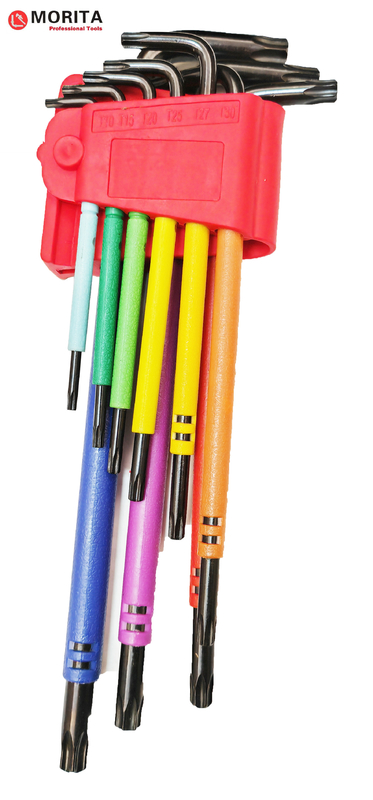 Conjunto de chaveira e tomada Multi Color Torx End Allen Key 9 Pce CR-V Aço T10-T50 envolto em plástico colorido