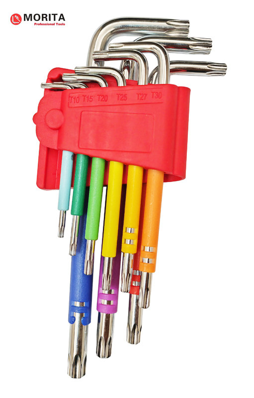 Conjunto de chaveira e tomada Multi Color Torx End Allen Key 9 Pce CR-V Aço T10-T50 envolto em plástico colorido